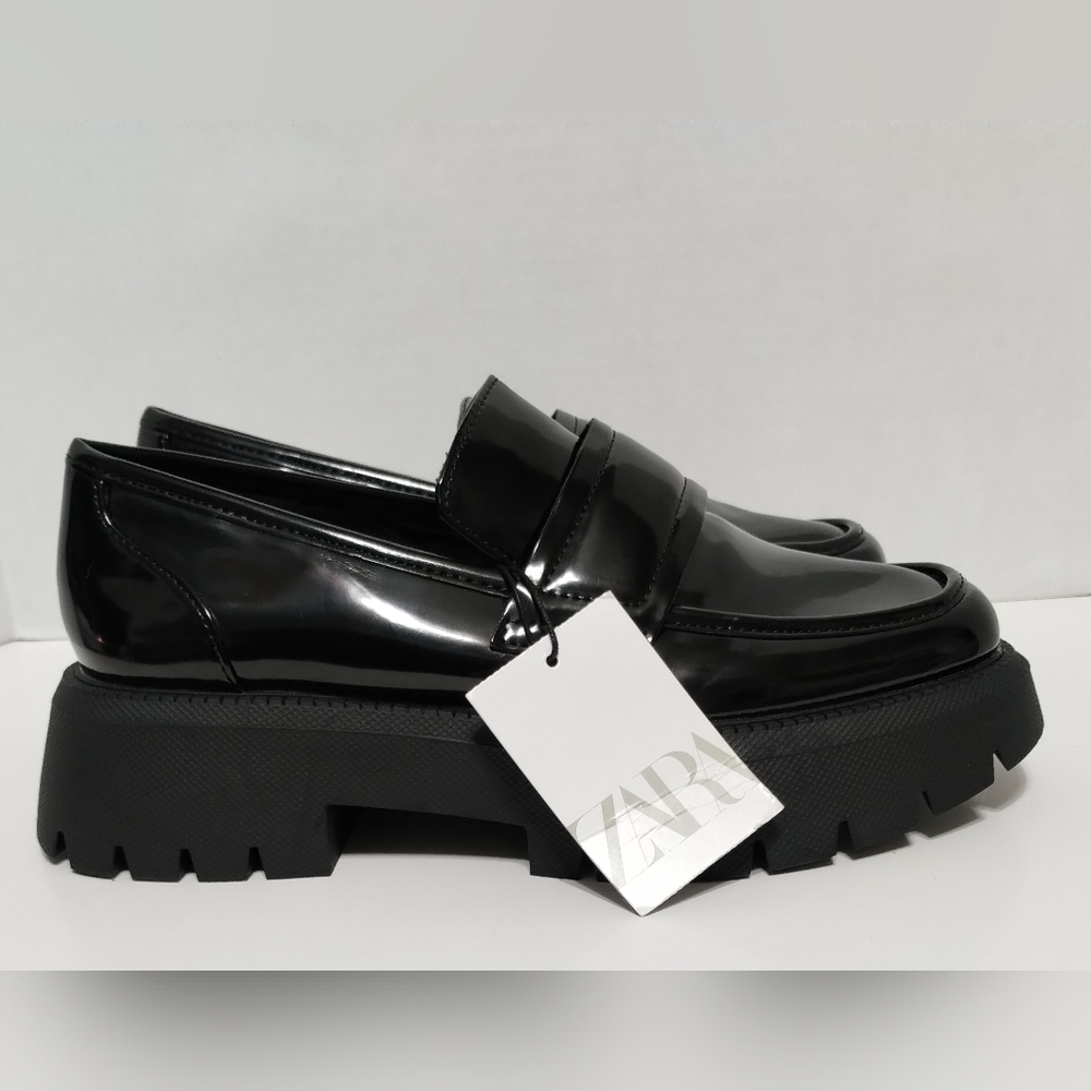 Zara Platform Loafers Black Patent Faux Leather 6.5 Chunky Lug Sole